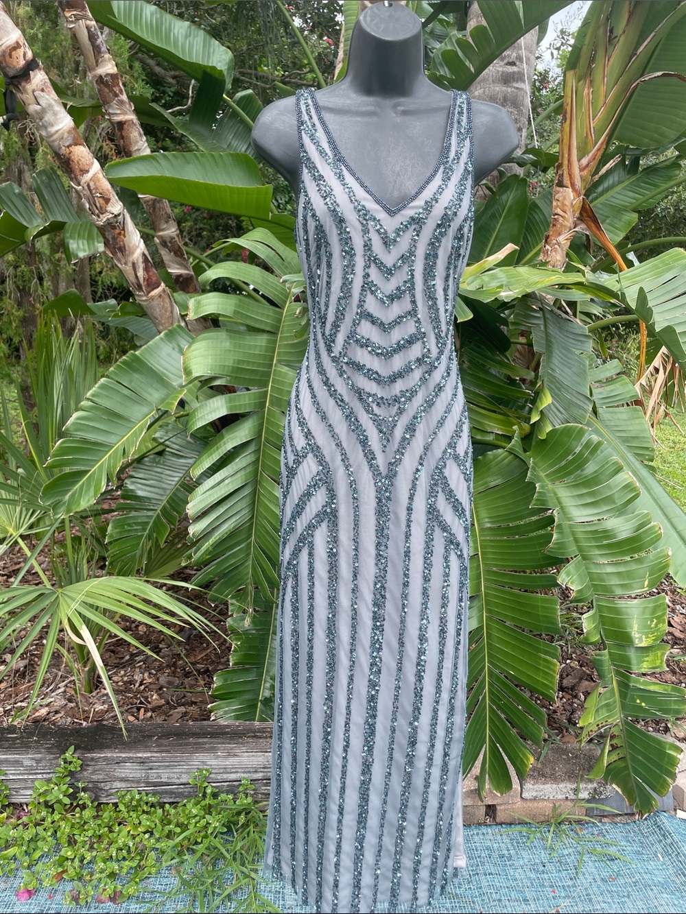 pewter silver beaded Maxi dress with side slit